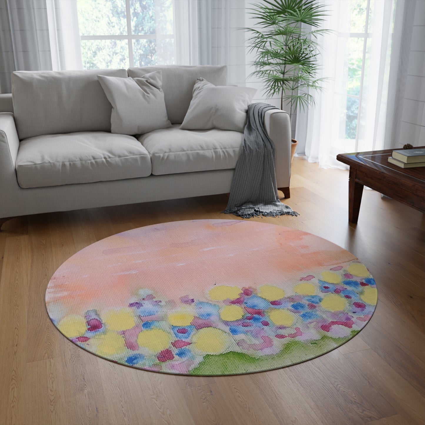 Pastel Floral Round Rug, Decorative Floor Mat, Boho Area Rug, Cozy Living Room Decor, Spring Home Accessory, Perfect for Weddings