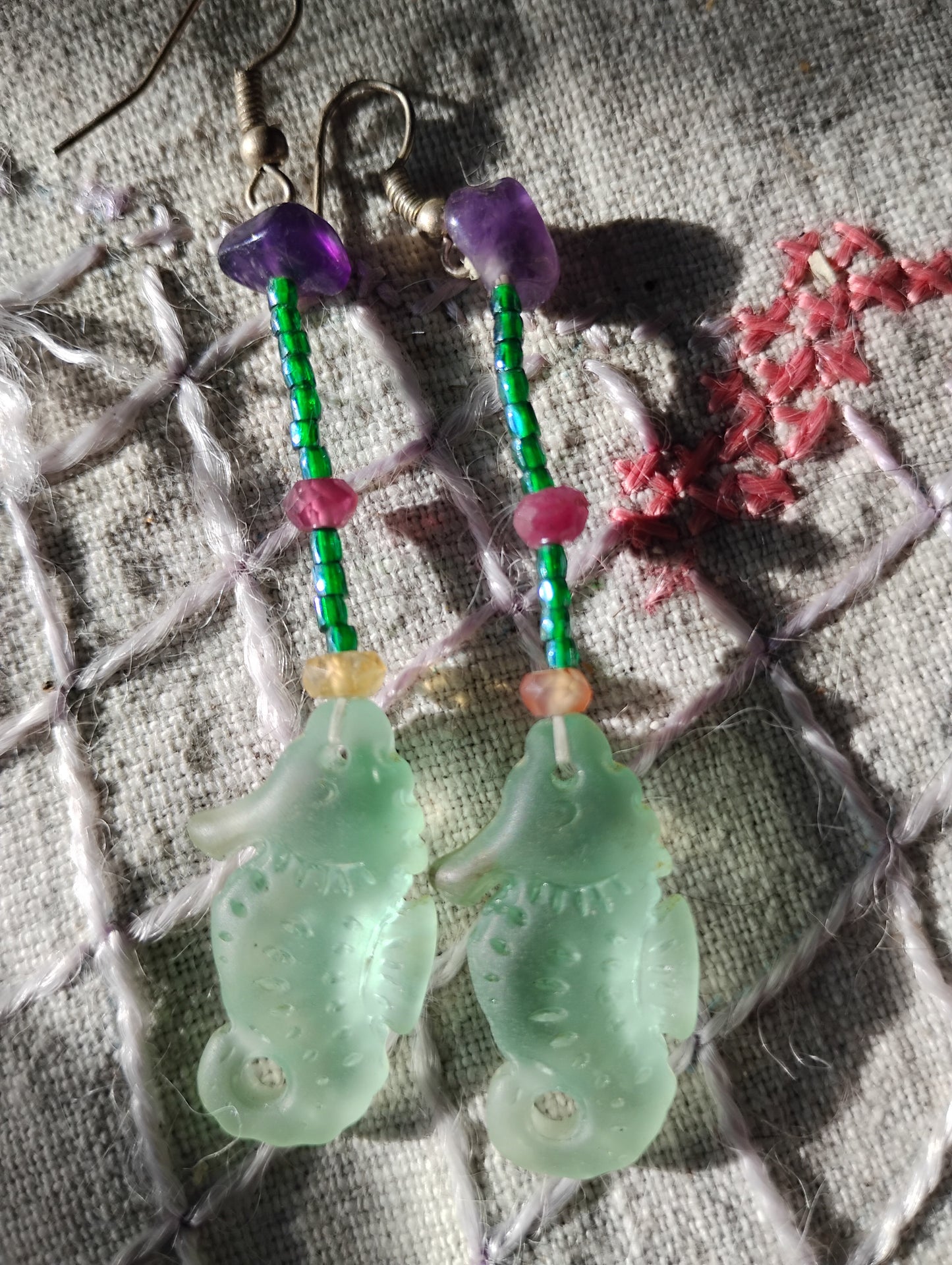 Hand beaded Earrings With Sea Glass