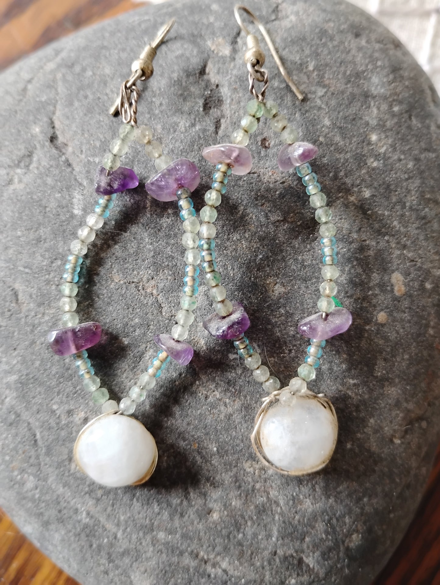 Beaded Moonstone and Amethyst Earrings