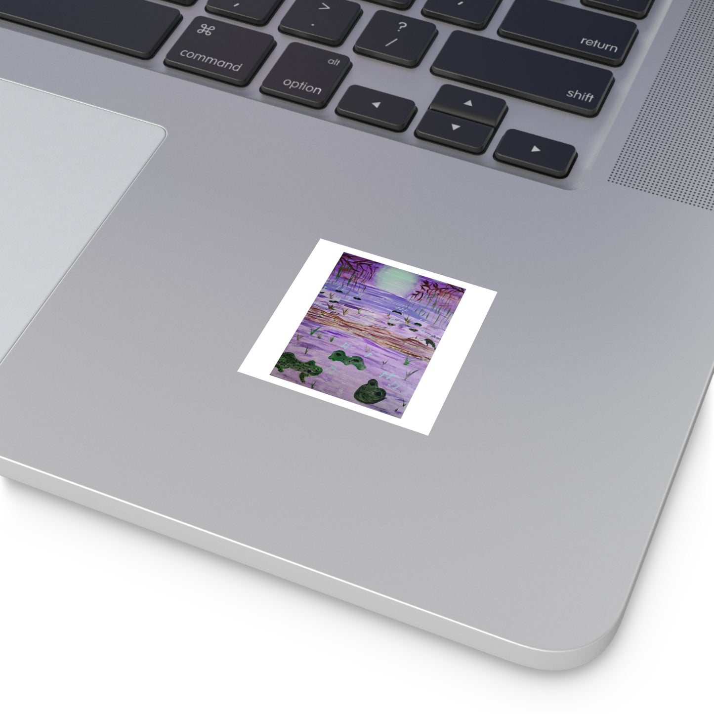 Frogs at Moonlit Pond Square Vinyl Sticker | Purple Watercolor Pond Scene