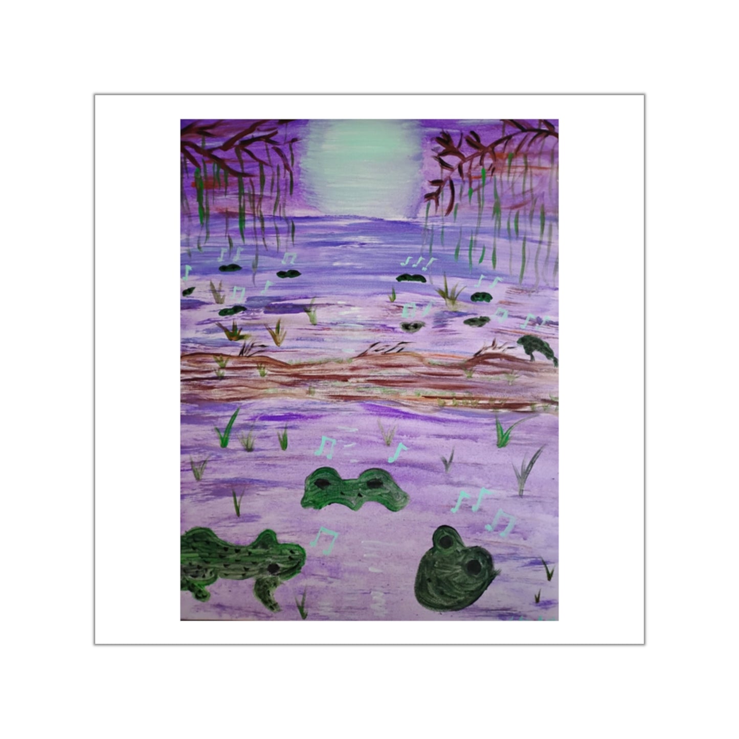 Frogs at Moonlit Pond Square Vinyl Sticker | Purple Watercolor Pond Scene